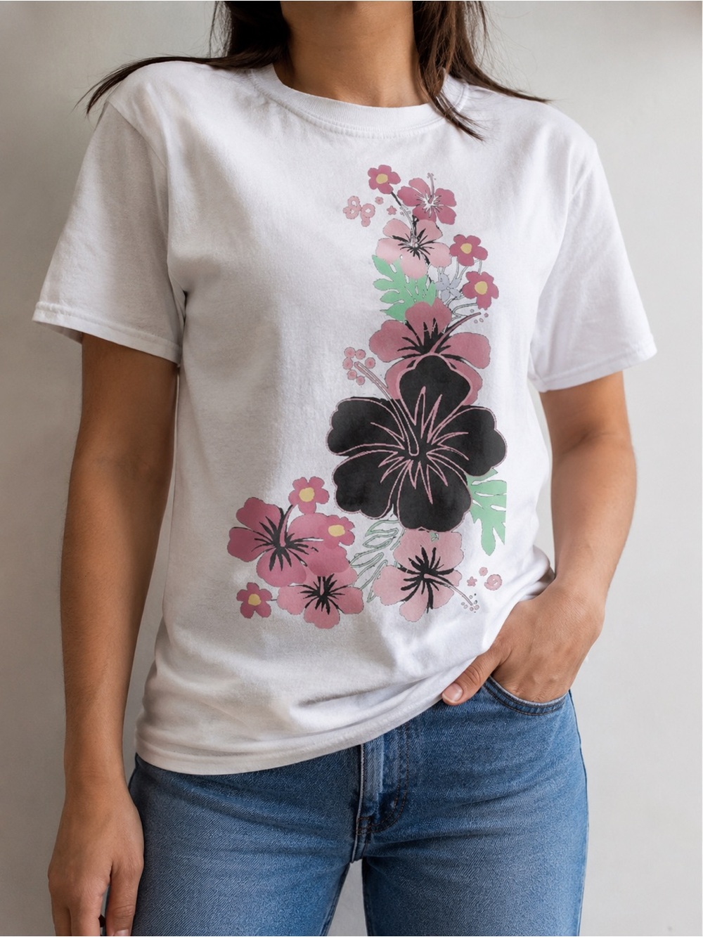 Gildan 5000 White Short-Sleeve Tee with Pink & Black Floral Print Vintage
